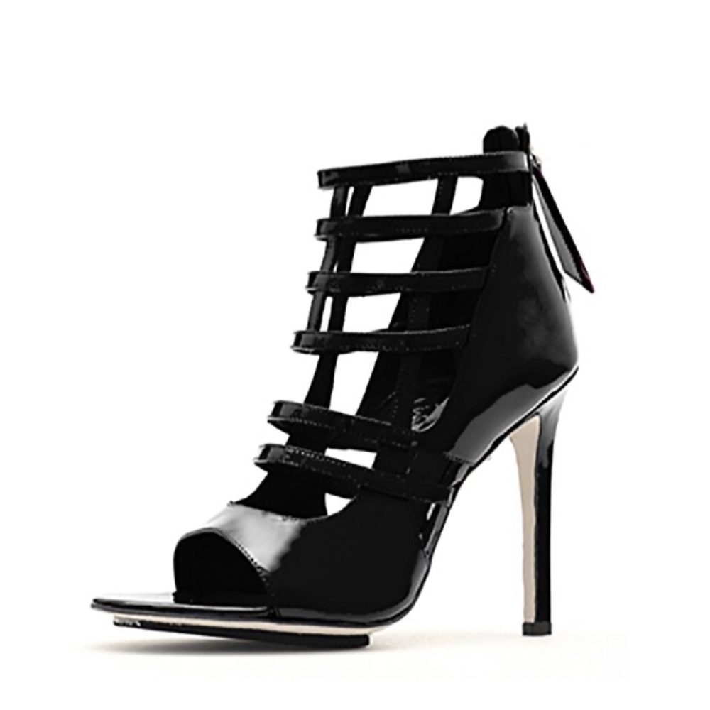 Tania Spinelli Black Patent Leather Cage Front Sandal